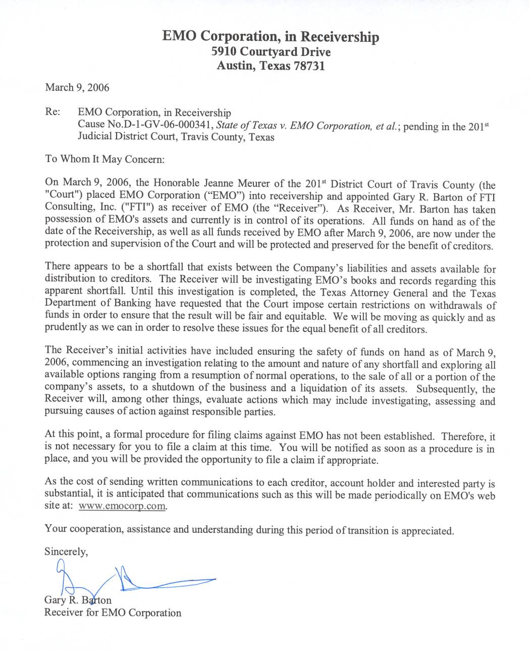 Government - EMO Receivership Letter picture