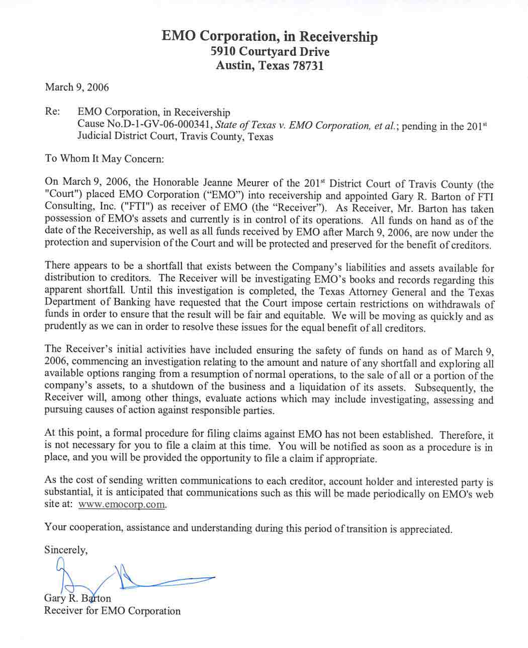 Government - EMO Receivership Letter picture